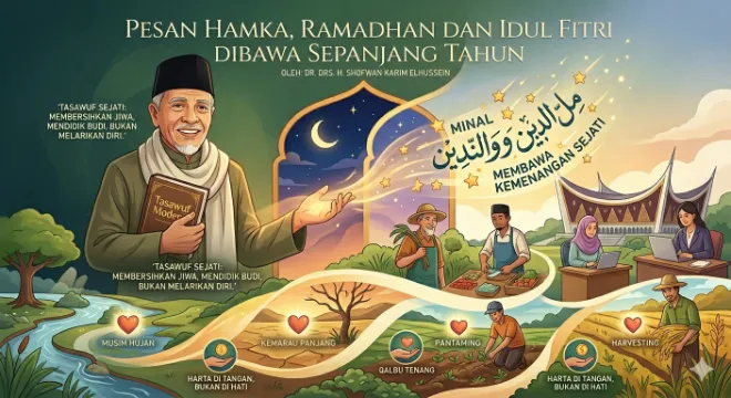 Buya hamka dan konsep tasawuf modern yang membumi, serta transisi dari bulan ramadhan ke idul fitri yang pesannya dibawa sepanjang tahun melalui berbagai aktivitas kehidupan.