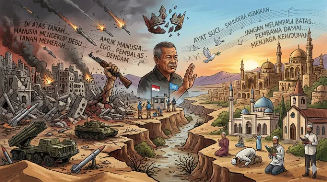 Dua realitas yang saling bertentangan secara visual: di sisi kiri, kehancuran perang akibat 