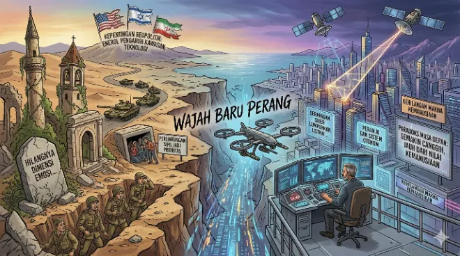 di sisi kiri, era perang konvensional masa lalu yang melibatkan pasukan di parit pertahanan dan mobilisasi militer fisik, namun kini mulai ditinggalkan. di sisi kanan, realitas perang modern yang dingin ditampilkan melalui sosok operator yang mengendalikan pertempuran jarak jauh menggunakan drone, satelit, dan operasi siber dari ruang kendali. visual ini merepresentasikan paradoks masa depan yang disoroti dalam naskah: perang berubah menjadi instrumen geopolitik yang semakin canggih, terukur, dan digerakkan oleh kecerdasan buatan, namun ironisnya, semakin berjarak dan kehilangan nilai-nilai kemanusiaannya.