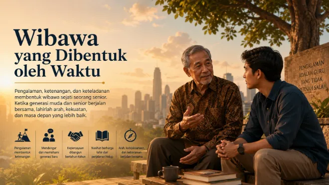 Esai reflektif tentang makna senioritas, pengalaman hidup, keteladanan, dan pentingnya hubungan saling menghormati antara generasi senior dan generasi muda.