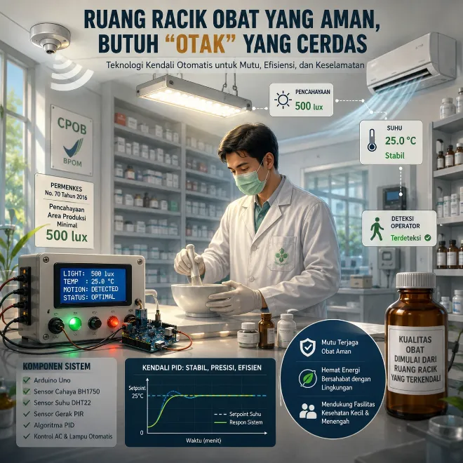 Pentingnya otomasi kendali suhu dan pencahayaan pada ruang racik obat menggunakan mikrokontroler dan algoritma pid untuk meningkatkan keamanan, efisiensi, serta mutu pelayanan farmasi di indonesia.